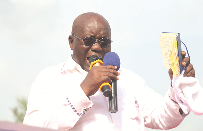  Nana Addo addressing party supporters at Akyim Oda in the Eastern Region. Picture: SAMUEL TEI ADANO
